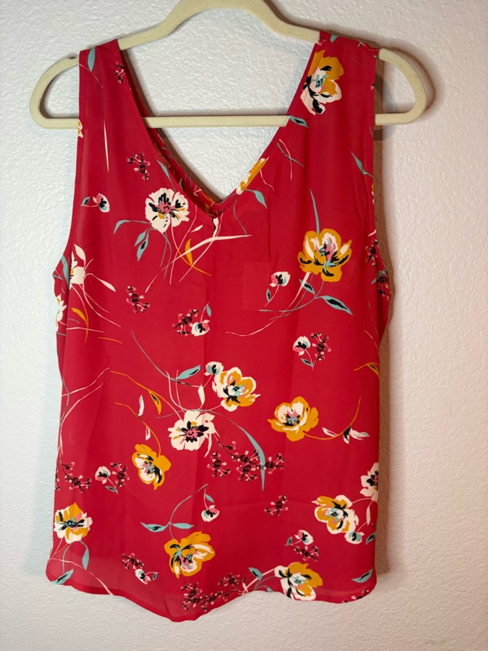 Maurices Red Floral V-Neck Tank Top with Yellow Accents